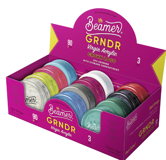 Beamer Acrylic Grinder w/ Storage 3pc 90mm Crown Logo Assorted Colours